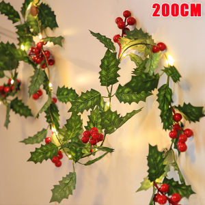 2M Artificial Christmas Berry Garland String with Lights DIY Ivy Vine Rattan Wreath Lighting Strings Xmas Tree Ornaments for Xmas New Year Party Decor