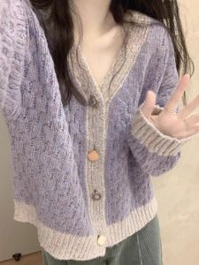 Taro Purple New V-neck Short Sweater Cardigan Coat Female Fall and Winter Classic Style Loose Soft Glutinous Knitwear Tops