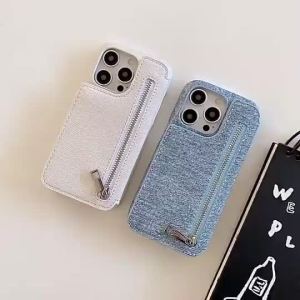HOCE Flip zipper Card Slot Wallet Phone Case for iPhone 16 11 12 13 14 15 Pro Max 15Plus 14Plus 13mini 12mini X XS xr 6/7/8plus with mirror Denim Cover Cases