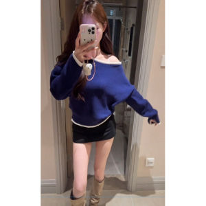 YUEZHONGWEI | Light Mature French Style Off-Shoulder Slouchy Shoulder Sweater Top