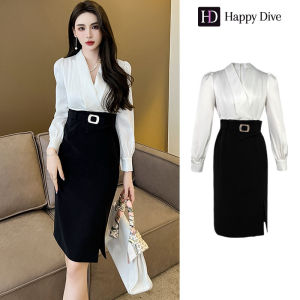 Happy Diva เดรสผู้หญิง เดรสสีดำ เดรสซาติน เดรสแขนยาว เดรสทำงาน เดรสออกงาน เดรสไปงานแต่ง เดรสเซ็กซี่ เดรสเกาหลี 30017