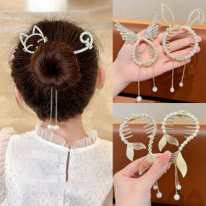 Luxury Rhinestone Fish Wings Rabbit Design Ponytail Hair Buckle Pearl Tassel Hair Clips for Women Girls