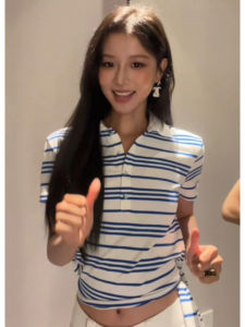YUEZHONGWEI | Áo thun tay ngắn cổ polo sọc xanh trắng mùa hè cho nữ dáng rộng thoải mái chất liệu cotton phong cách Hàn Quốc