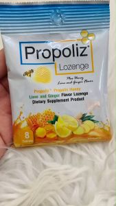 Propoliz Lozenge โพรโพลิซ ชนิดเม็ดอม รสน้ำผึ้งมะนาว+ขิง และสูตรผสมVit C (8เม็ด/ห่อ ) [1ซอง] สินค้าขายดี