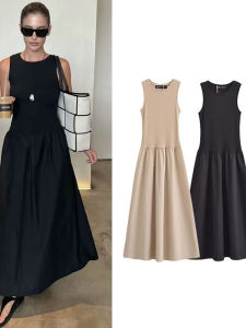 Solid Color Sleeveless round Neck Dress Womens Street Style Waist-Cinched Long Skirt Summer Fashion Pure Color Gown