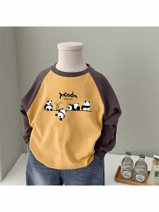 Cute Panda Print Long Sleeve Childrens T-shirt Pure Cotton Base Shirt Boys Baby Top Versatile Fashionable Kids Clothing