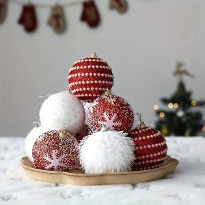 16pcs Luxury Christmas Tree Ornament Set - Handcrafted White Plush & Wired Balls for Festive Holiday Decor