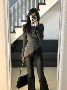 Spicy Girl Two-Piece Set Womens Knitted Long Sleeve Base Shirt Slimming Fashionable Korean Style Commute Pure Color Design