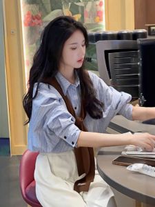 Blue Long Sleeve Shirt Womens Style Casual Loose Fit Button up Breathable Fashionable Early Autumn High End Lightweight Age Defying Top