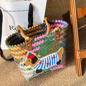 Retro Bamboo Weaving Handbag Sling Bag Casual Simple Style Handheld Commuting Bag for Work And Daily Use Vegetable Basket Shape