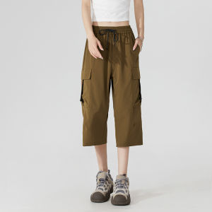 Functional Cargo Pants Womens Multi-Pocket Summer Thin Ice Silk Straight-leg Loose Plus Size Sports Shorts Quick-Drying 3/4 Pants