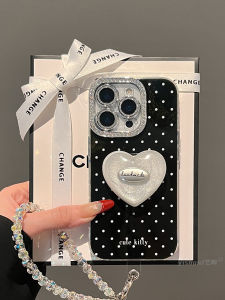 เคสโทรศัพท์แบบมีขาตั้งรูปหัวใจลายจุดสีดำ ดีไซน์ใหม่ สำหรับ iPhone 17 pro Max 14 pro Max 13 pro 12 pro 11 พร้อมสายรัด ดีไซน์หรูหรา
