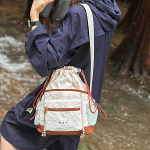 Korean Style Nylon Bucket Bag Drawstring Design Commuter Single Shoulder Crossbody Bag Fashionable Color Block New 2025