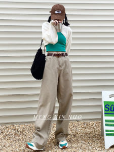 Khaki Wide Leg Jeans Women Straight Loose High Waist Retro Japanese Style Slimming Chic Versatile Casual Floor-Length Pants