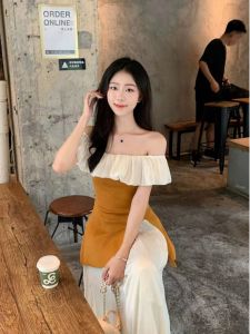 French Style One Shoulder Splice Knitted Vest Women Summer Outdoor Wear Slim Fit Open Split Top Commute Style Pure Color