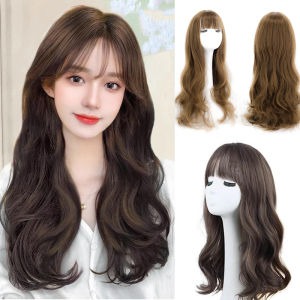 [YAN K] Long Curly Hair Wig with Air Bangs Women Girls Big Wave Natural Hair Extension Full Headgear Fluffy Hair Wigs