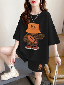 Summer K-style Plus Size Fashion Suit for Women Casual High Waist Wide Leg Short Sleeve Printed Dyed Pullover Shorts