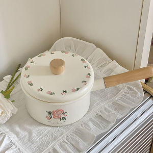 Retro French Style Enamel Baby Food Hot Milk Porridge Soup Pot Stove Top Compatible Wooden Handle Kitchen Cooking Utensil