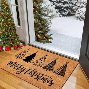 1pc Merry Christmas Black Cedar Tree Gold Doormat Durable Machine Washable Rectangular Floor Mat for Indoor-Outdoor Porch Decor