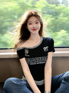 Sultry Sweet Me American Style Slanted Neck Illusion Layered Print Short Sleeve Top