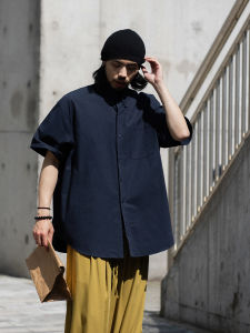 Noears Summer Loose Casual Dark Blue Short Sleeve Shirt Retro Japanese Style Square Collar Patch Pocket Breathable Cotton Shirt