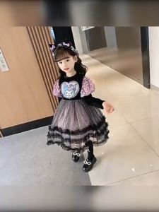 ชุดเดรส ผ้าตาข่าย ประดับเลื่อม ลายการ์ตูนอนิเมะ Sanrio Kuromi สีม่วง สีดํา สําหรับเด็กผู้หญิง เหมาะกับฮาโลวีน