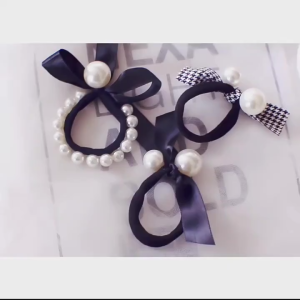 AIDA Pearl Houndstooth Hair Tie Rope Ribbon Elastic Rubber Band Fashion Hair Accessories New Simple 千鸟格黑色蝴蝶结发圈珍珠发绳女