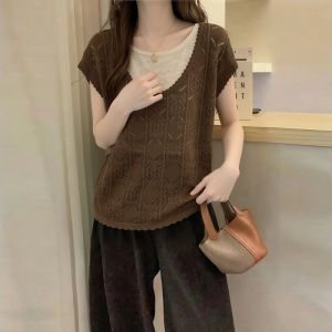 AIYITI | Vintage Lace Hollow Out Fake Two-Piece T-Shirt Summer