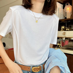 Summer Padded Shoulder Silky Drape T-shirt Womens Short Sleeve Classy Fabric Ice Silk Comfort Soft Comfortable Bottoming Shirt Womens