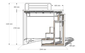 Custom loft bed for helper room in Singapore with integrated storage and staircase dimensions 2100 mm height 2040 mm length 930 mm width featuring metal frame and wooden elements.