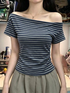 MISHANGYICHU | Color-Block Off-Shoulder Slim T-shirt Short
