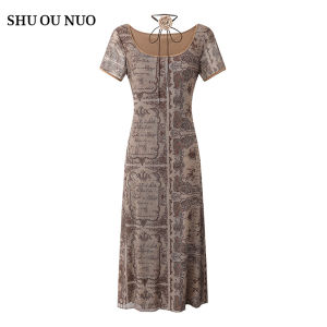 ชุดเดรสยาวแขนสั้นพิมพ์ลายย้อนยุคสีน้ำตาลสำหรับผู้หญิง ทรงเข้ารูป ยางยืด แฟชั่นฤดูร้อน เดรสคอวีแบบลำลอง