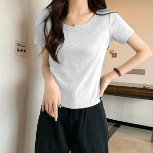 เสื้อยืดคอกลมแขนสั้นผ้าฝ้ายทรงสลิมฟิตสำหรับผู้หญิง เสื้อผ้าทำงานสไตล์เกาหลีฤดูร้อน ทรงพอดีตัว สวมใส่สบาย ระบายอากาศได้ดี