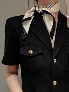 Elegant Black White Striped 100% Mulberry Silk Scarf Womens Small Square Versatile Wrap Shawl Simple Design by Xue Lin Lu