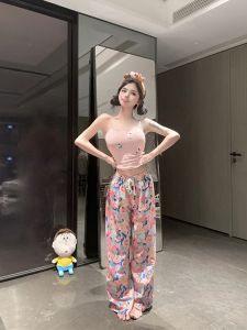 Sweet Bean Kitty Womens Sleepwear with Chest Pad Casual Home Clothes Summer Cartoon Strap Long Pants Thin Cotton Outerwear
