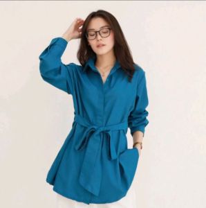 kemeja panjang wanita kombinasi tali pinggang//blouse terbaru