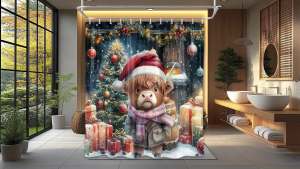 Merry Christmas Shower Curtain Pink Santa Claus Reindeer Pine Tree Snowman New Year Shower CurtainChristmas Fabric Bathroom Shower Curtain with 12 Hooks 71X71 Inch.