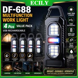 【ECILY🔥4pcs】Multifunctional Outdoor Work Light USB Rechargeable LED Flashlight With Red Blue Warning Light IPX4 Waterproof 240-350LM 50M Range ABS Material Black