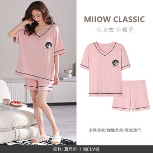 MiiOW Womens Summer Sleepwear Set Ice Silk Chest Pad Short Sleeve Short Pants Home Clothes Modal Cotton round Neck Print