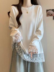 Spring 2025 Lace Splicing Design Womens plus Size Base Shirt Inner Wear Mid-Length Cover-Up Top Korean Style Loose Fit Long Sleeve round Neck