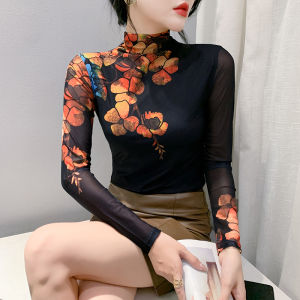 YIMEI High neck mesh bottom shirt for womens autumn and winter new style printed beautiful womens T-shirt slimming and reducing age long sleeved top