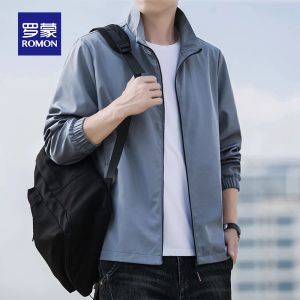 ROMON | Lormen Mens Casual Short Jacket Stand Collar Windproof Spring Autumn New Style Sportswear Polyester Fiber Zipper Closure Solid Color