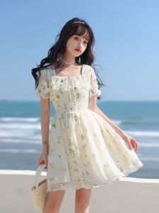 Váy Voan Hoa Mùa Hè Tay Bồng Cạp Cao Dáng Chữ a Cho Nữ Váy Đi Biển Váy Ngắn Đầu Tiên Của Tuổi Thơ Váy Ngắn Mùa Hè