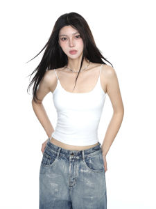 สไตล์ไทย สีขาว มินิ สายคล้อง เสื้อกั๊ก ผู้หญิง ฤดูร้อน สวมใส่ด้านในด้านหลังสวยพร้อมแผ่นรองหน้าอก แขนกุด น่าทึ่ง หวาน และเผ็ด เสื้อท่อนบน