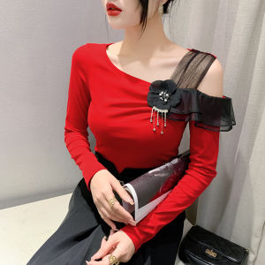 Áo sơ mi dài tay Mùa Thu Yimei màu đen áo lưới hở vai phối cảnh Áo thun cotton gợi cảm mới 2023 cho nữ