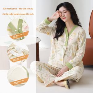 MiiOW | Đồ ngủ cotton nguyên chất cho bà bầu MiiOW Váy ngủ dài tay cổ chữ V có đai thắt lưng có thể điều chỉnh Quần dài thường ngày mùa thu