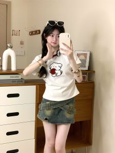 Three-Dimensional Flocking Embroidery Cartoon Puppy Short Sleeve Womens Unique Chic Contrast Color round Neck T-Shirt Not Midriff Outfit Short Tops