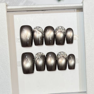 10pcs Mandala Style Glass Beads Cat Eyes Rhinestone Press On Nails Handmade False Nails with 3D Design for Women Party Wedding