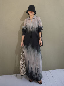 Artistic Watercolor Loose Fit Shirt And Midi Skirt Set Tie Dye Linen Material Two Piece Womens Fashion Ensemble Long Sleeve Turn down Collar