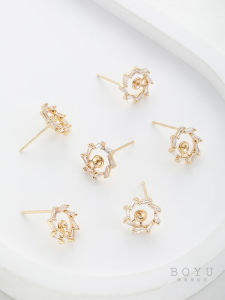Handmade 14K Gold Plated Pearl Earrings with Half-Hole Zircon Flower Ring Ear Studs 925 Silver Needle Fashion Jewelry Accessories